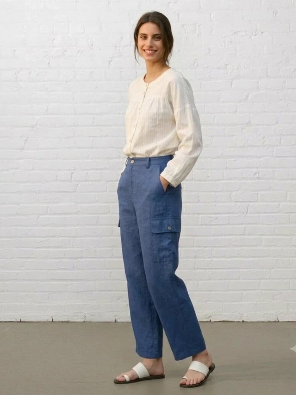 Kate Hill Navy Indigo 100% Linen High Rise Wide Leg Cargo Pants Sz 6